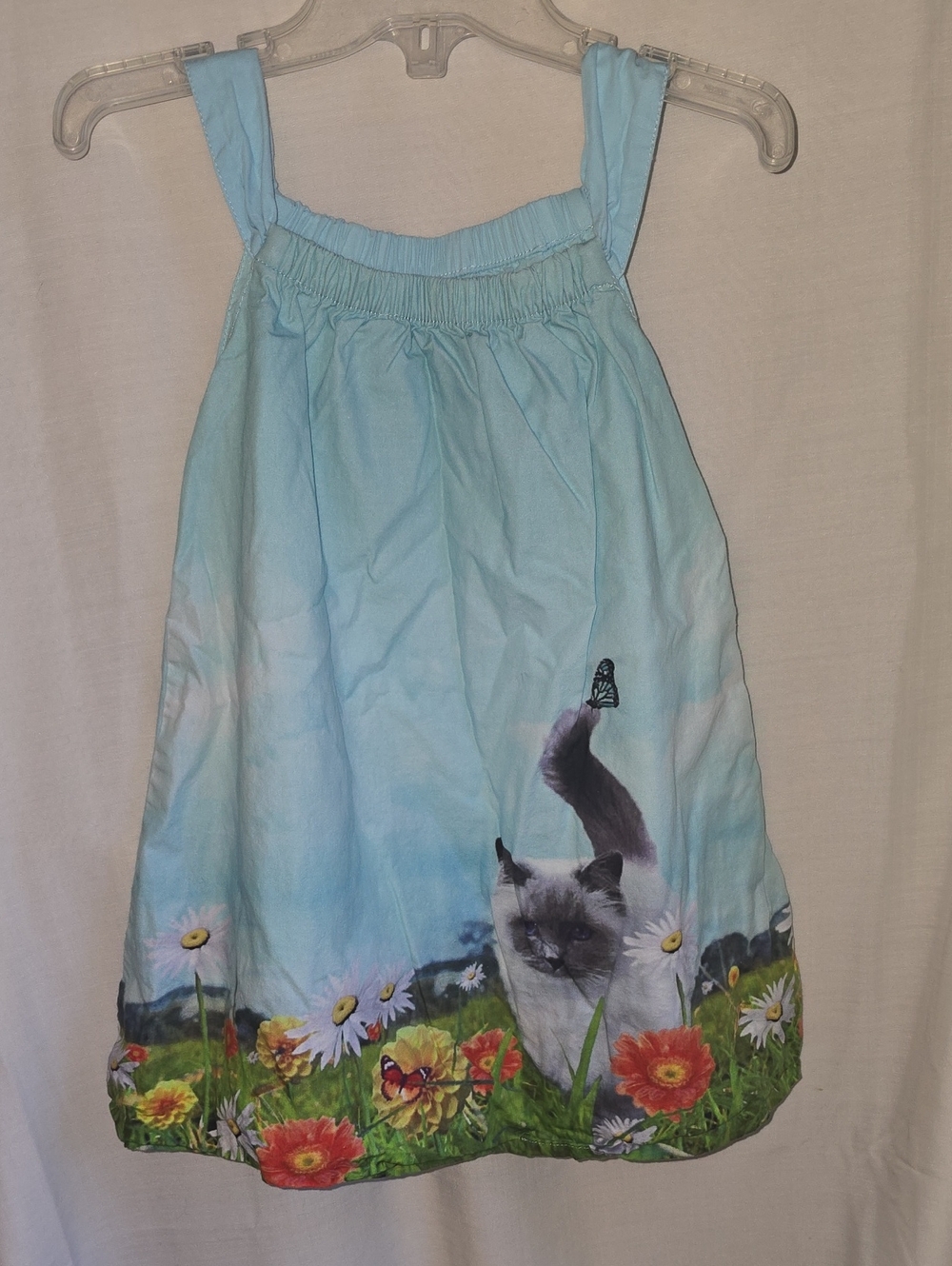 Light Blue Girls' Sleeveless Dress with Kitten & Floral Border